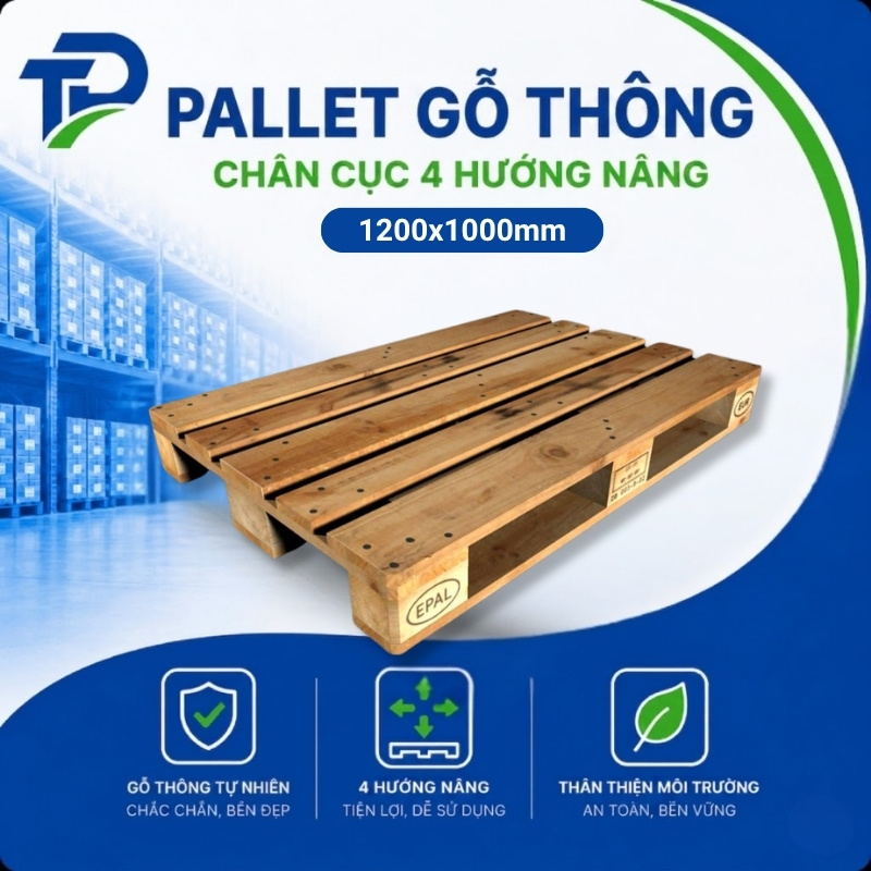 Pallet gỗ thông chân cục 4 hướng nâng (1200x1000mm)